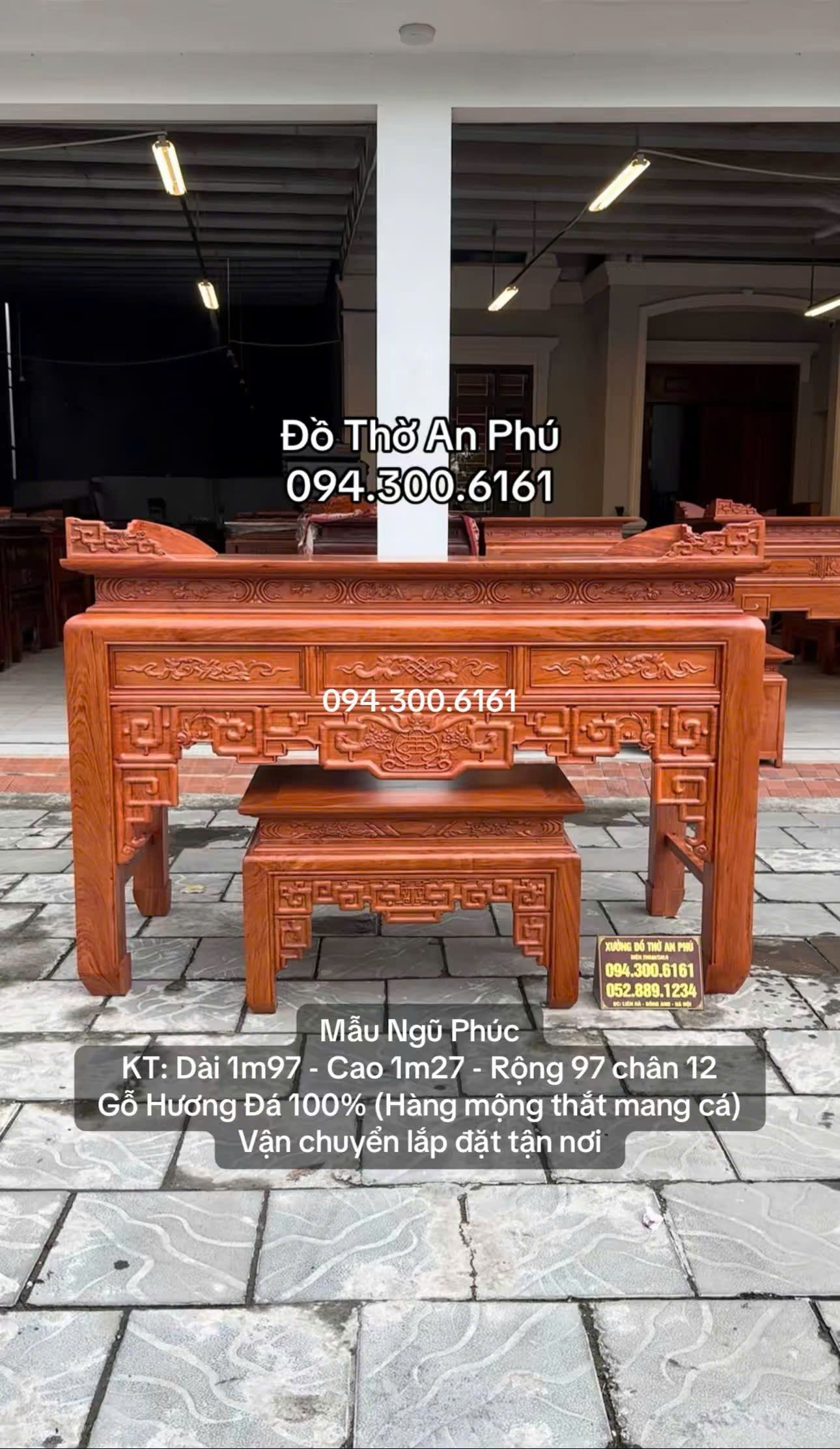 Án Gian Thờ Mẫu Ngũ Phúc chân 12 Gỗ Hương Đá