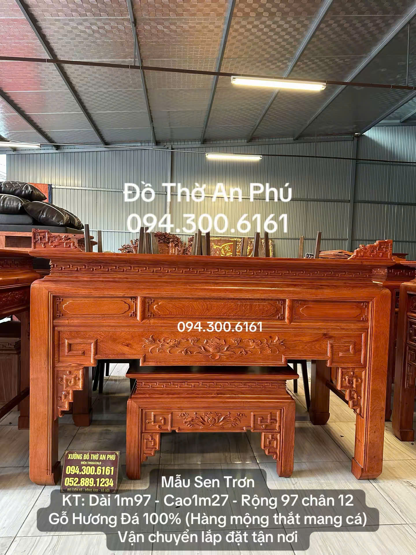 Án Gian Thờ Mẫu Sen trơn chân 12 Gỗ Hương Đá