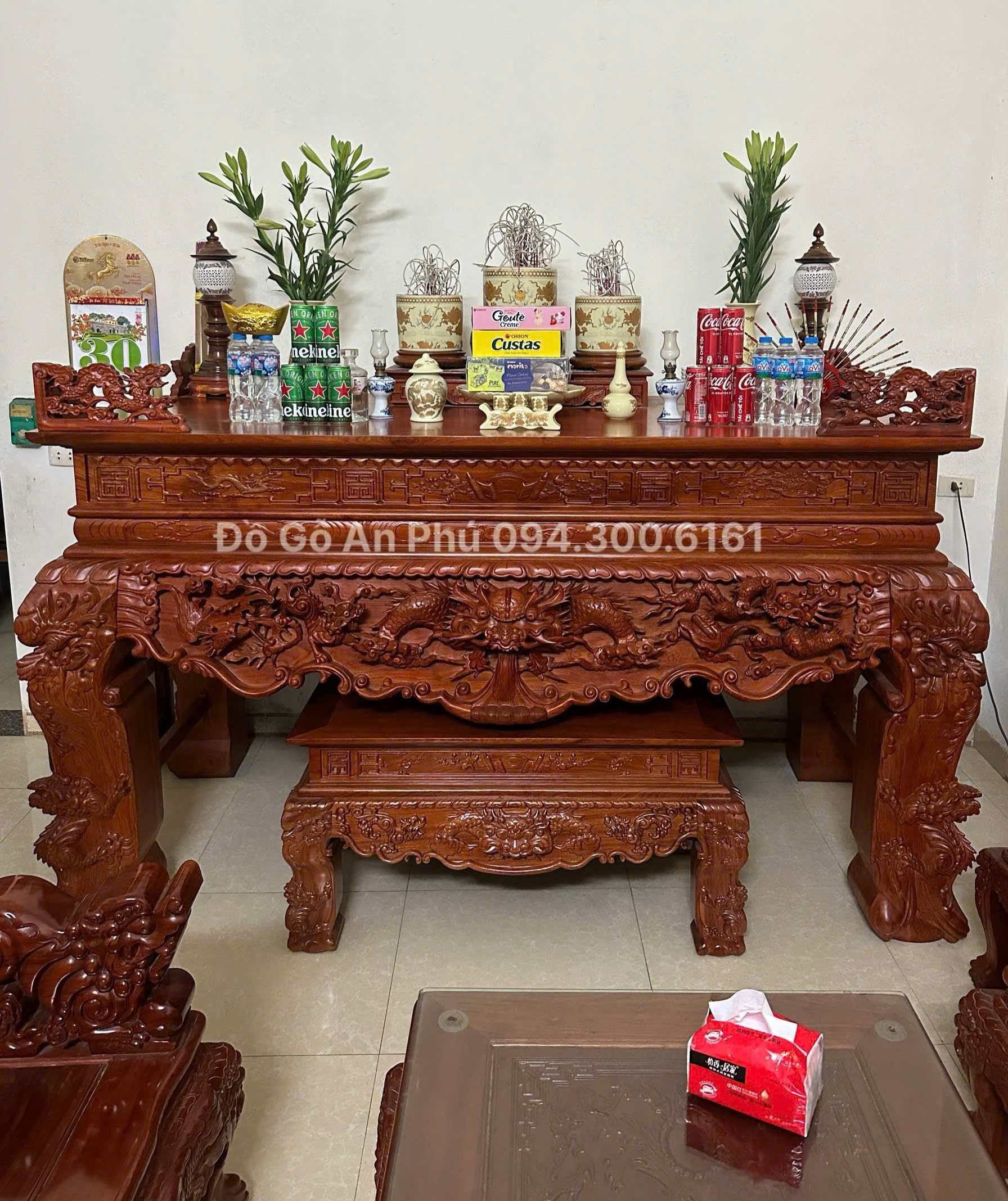Sập thờ tứ linh gỗ hương đá chân 24